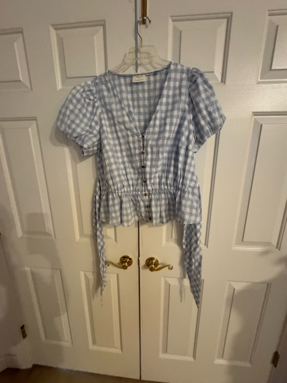 Anthropologie Light Blue and White Gingham Button-Front Tie-Waist Blouse - Picture 3 of 9
